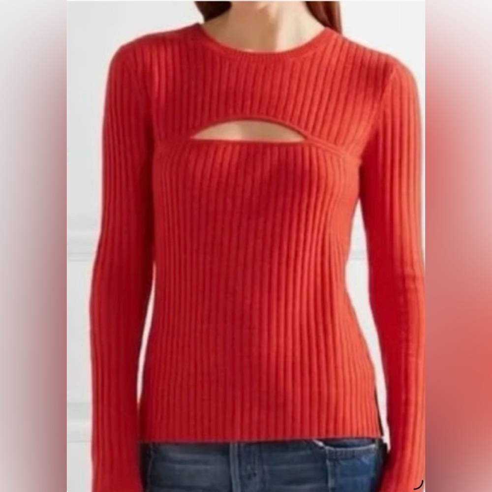 **Frame*** Overlap Red / Orange Ribbed Knit Cutout sweater.